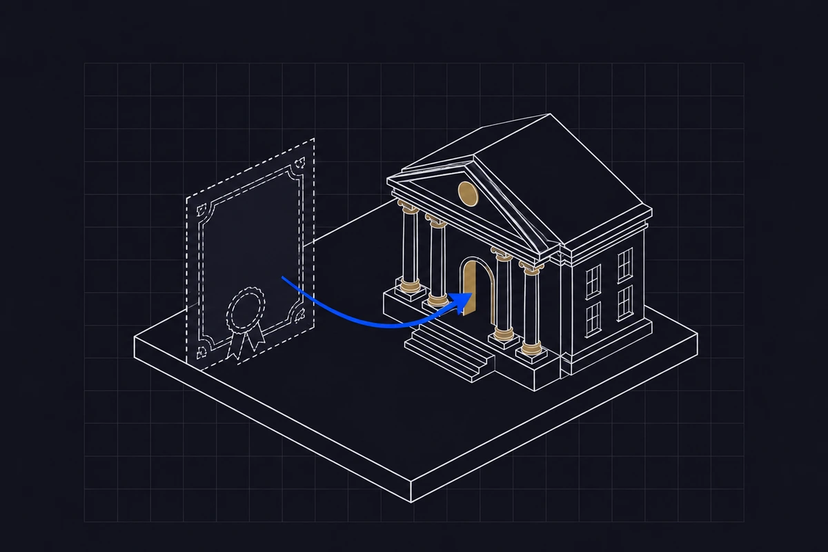 Blueprint of a faded dashed certificate with a blue arrow leading to a solid classical central bank building