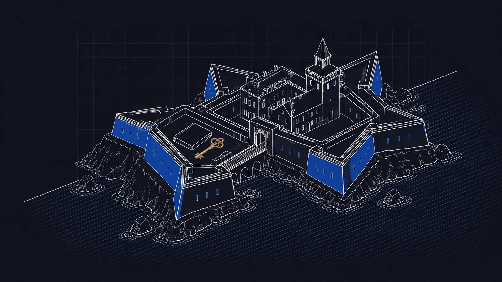 Isometric blueprint of a star-shaped harbour bastion with a binder and a brass key on the rampart, sea in fine hatching