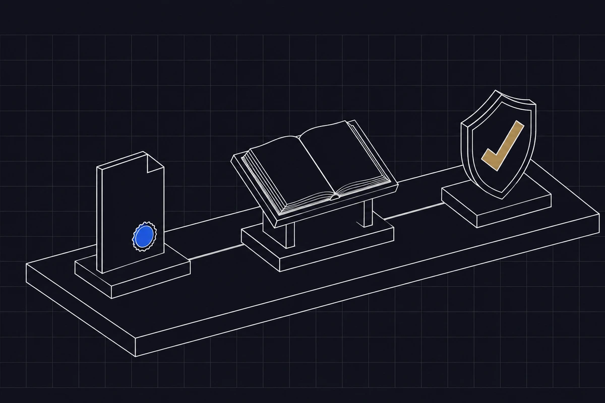 Blueprint sequence of three stations: a sealed document, an open register book on a stand and a shield with a brass notch