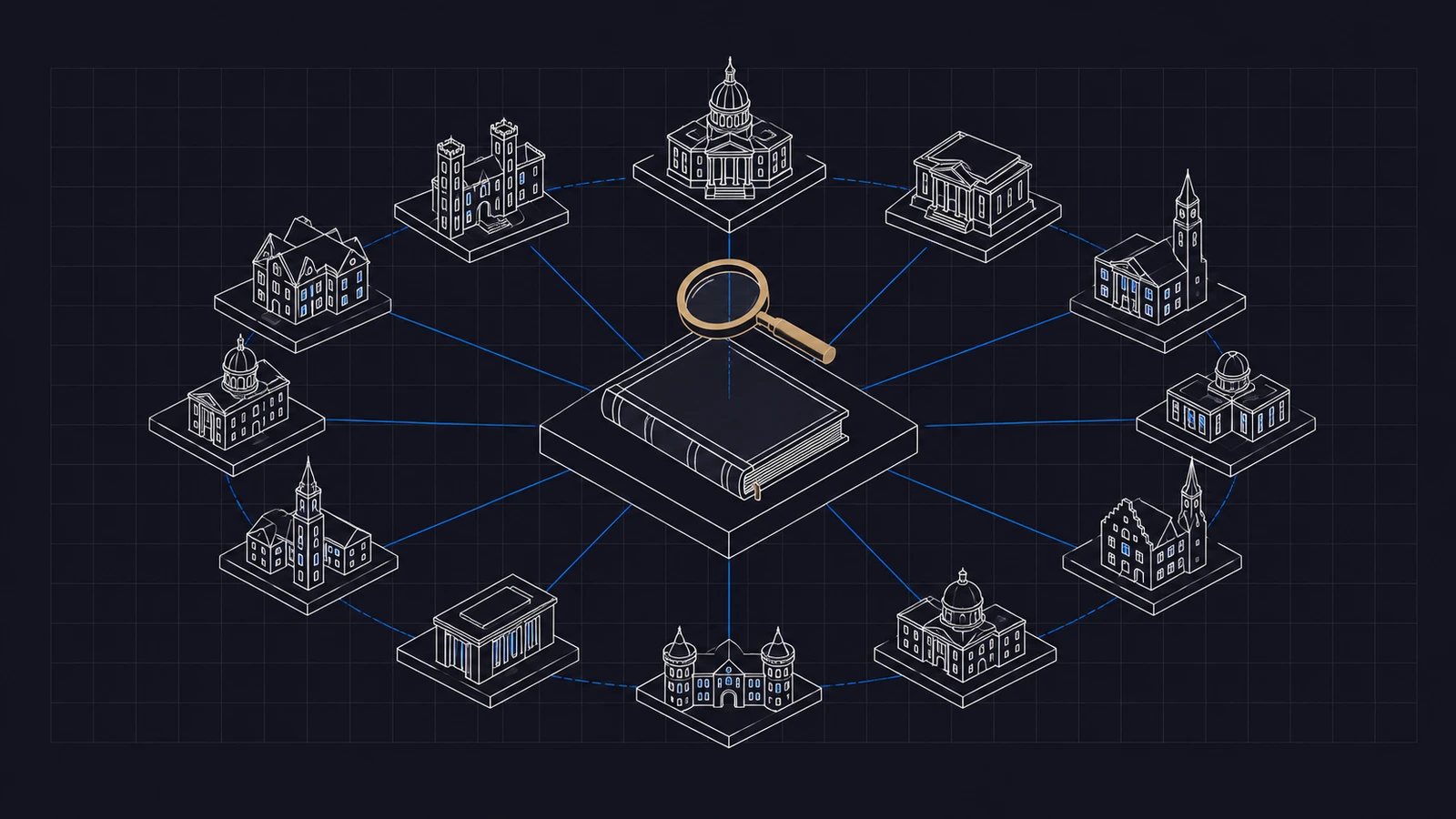 Isometric blueprint of a central register book linked by blue lines to a ring of small regulator buildings, brass magnifier above
