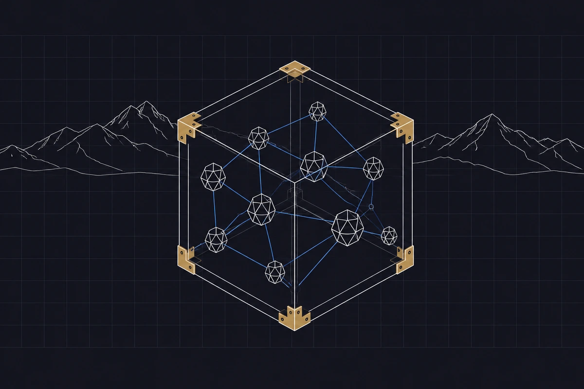 Network of blue nodes enclosed in a transparent isometric box with brass corner brackets, mountain horizon in thin lines behind